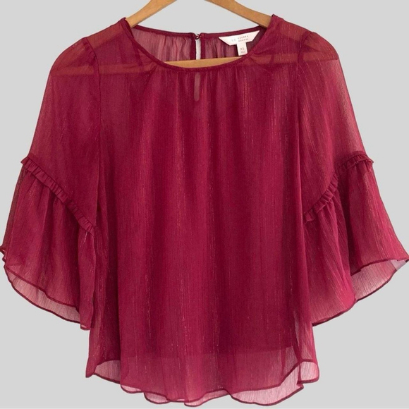 Y2K Flare Sheer Top XS Burgundy & Gold Thread Princess Bell Sleeve Whimsigoth - Picture 2 of 4